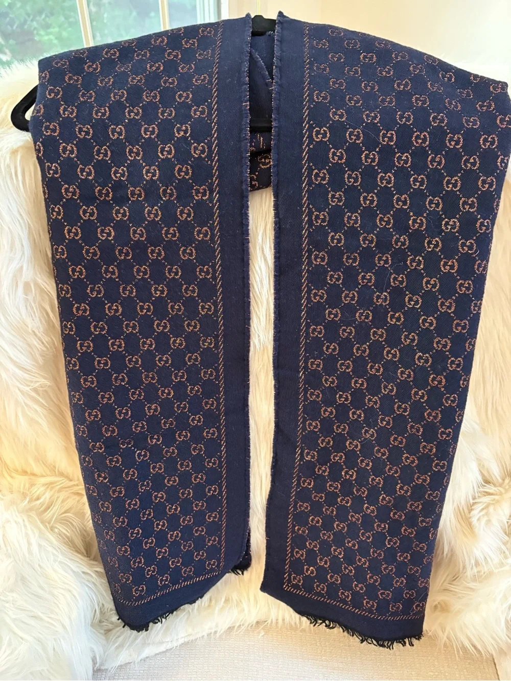 Gucci Navy & Brown Monogram Scarf - Designer Accessory